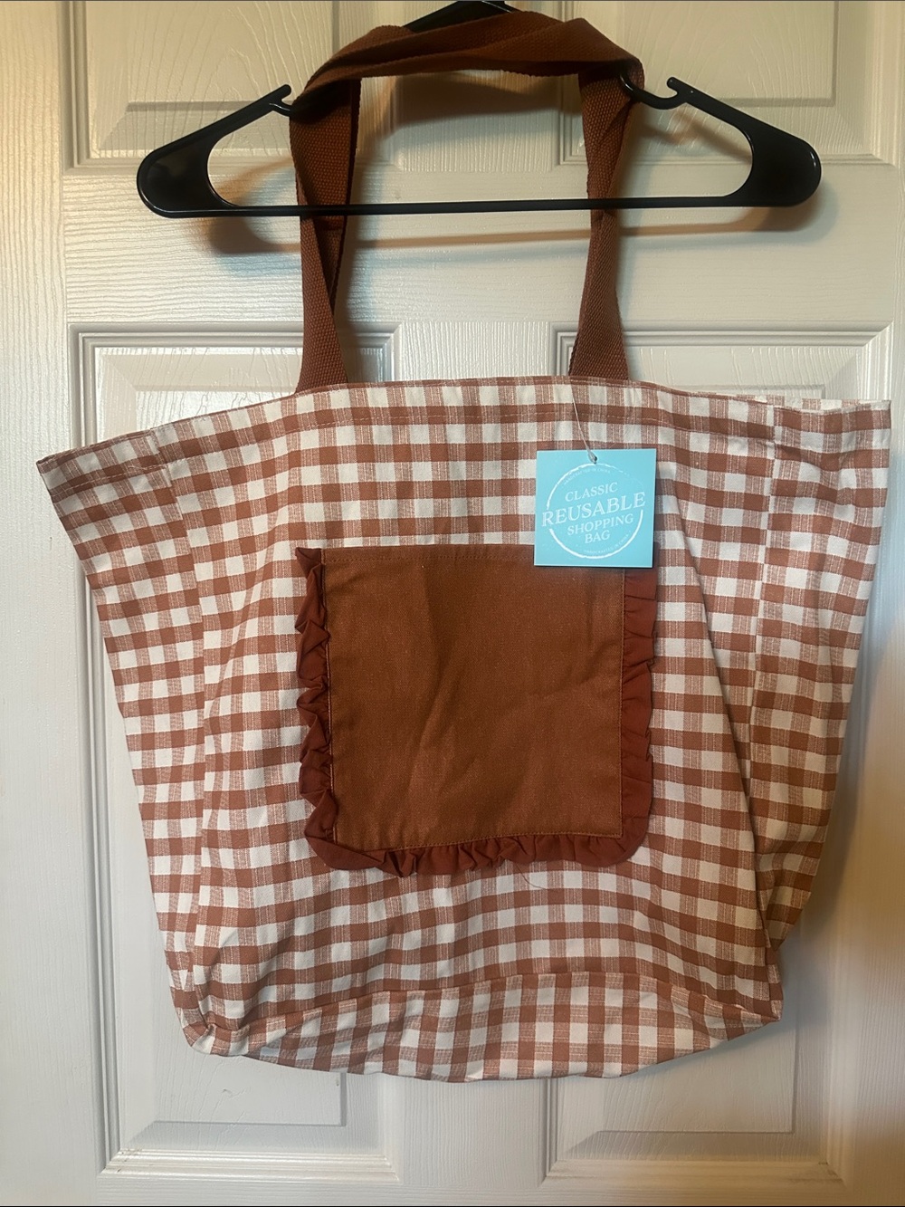 Gingham Reusable Tote with Ruffle Pocket - Rust & Cream